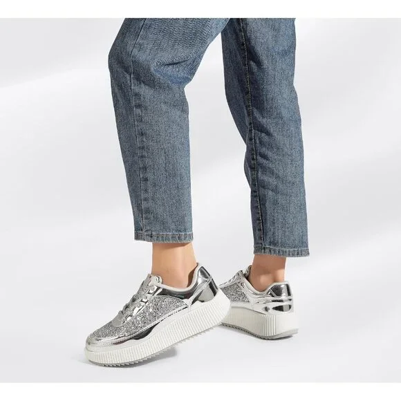 Lucky Step Women's Silver Platform Sneakers Rhinestone Fashion Chunky Shoes - Picture 8 of 9